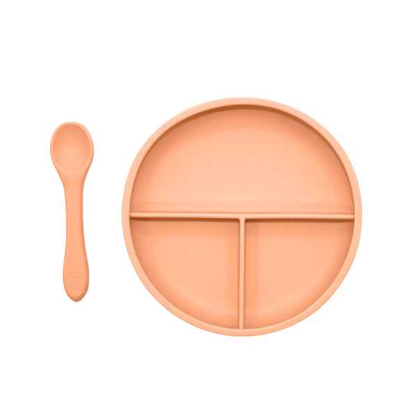 Suction Divider Plate & Spoon Set | Peach