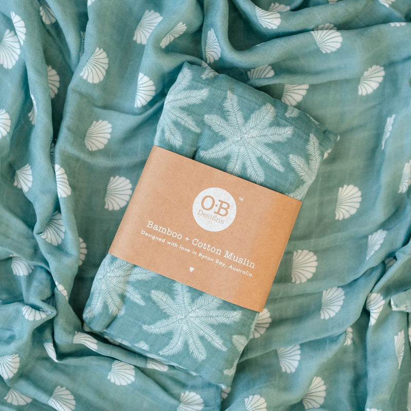 Bamboo + Cotton Muslin Swaddle Wrap | Ocean - Shell Print