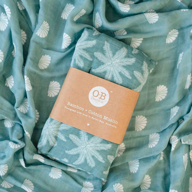 Bamboo + Cotton Muslin Swaddle Wrap | Ocean - Palm Print